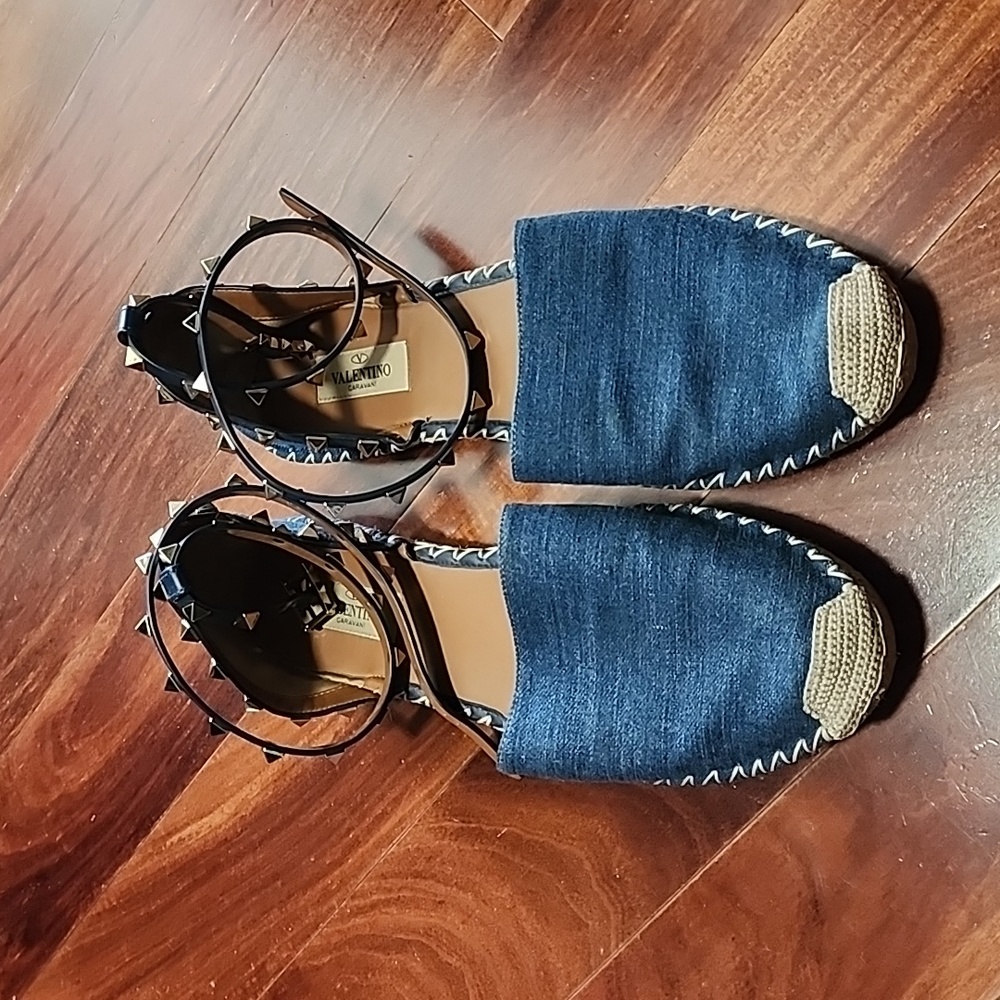 ❤️Valentino Garavani Rockstud Double Flat Espadrilles Sandal Denim EU 41